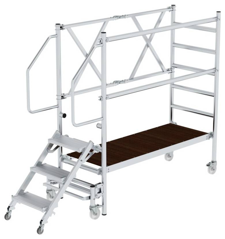 Mobiles Gerüst mit Plattform und Treppenstufen, aus Metall, auf Rollen. Geeignet für Arbeiten in der Höhe, mit Geländern für Sicherheit.