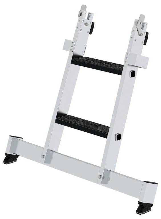 Eine weiße Stuhlplattform mit zwei Stufen und Rollen an der Basis, designed für sichere Höhenzugänge in Innenräumen.