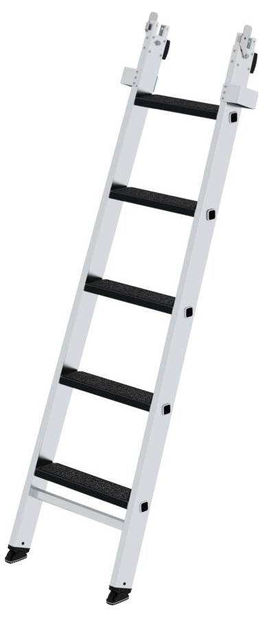 Weiße Anlegeleiter mit fünf schwarzen Stufen und einer stabilen Konstruktion, geeignet für den Gebrauch in Innenräumen.