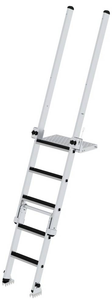 Eine silberne Teleskopleiter mit schwarzem Griff und Fußkappen, enthält fünf Stufen und eine Plattform.