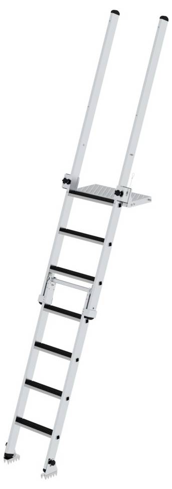 Teleskopleiter, ausgefahren, mit sieben Sprossen und Sicherheitsfüßen aus Metall, geeignet für Arbeiten in der Höhe.