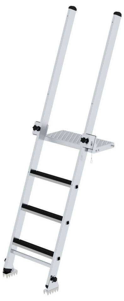 Aluminiumleiter mit vier Stufen und einer kleinen Plattform in der Mitte, für den Gebrauch in Haushalten oder Werkstätten geeignet.