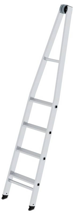 Eine weiße Anlegeleiter mit sechs Sprossen, schmal zulaufend nach oben, steht aufrecht mit schwarzen Fußkappen.