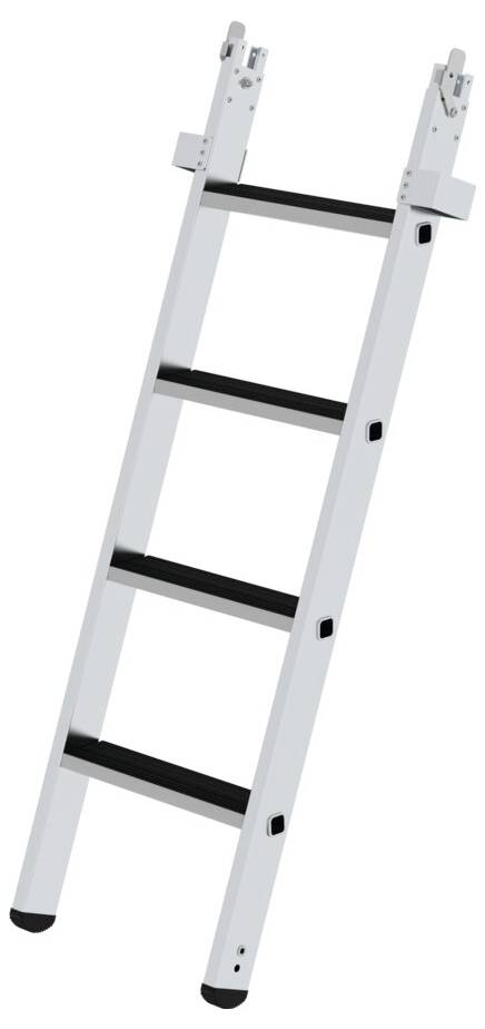 Eine ausziehbare Leiter aus Metall mit vier Stufen, angewinkelt und bereit zur Benutzung.