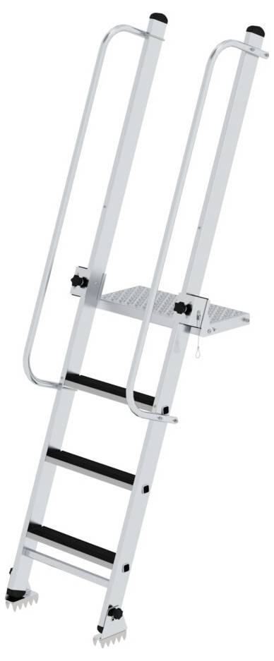 Aluminium Teleskopleiter mit vier Sprossen und Sicherheitsgeländer, für den Außenbereich geeignet.