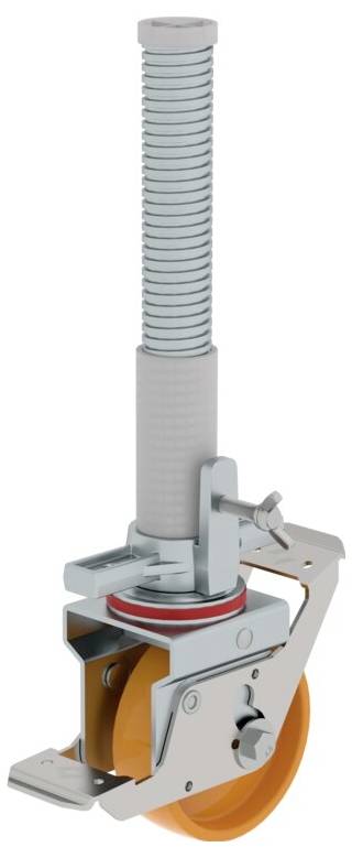 Transportrolle mit Bremse, grauem Federmechanismus und orangefarbenem Rad, meist für mobilen Gerätebau verwendet.