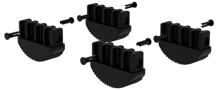 Vier schwarze Kunststoffbefestigungen mit Schrauben zur Montage.