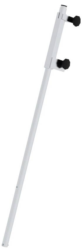 Ein weißer verstellbarer Stützfuß mit zwei schwarzen Drehknöpfen zur Befestigung. Geeignet zur Stabilisierung von Möbeln oder Regalen.