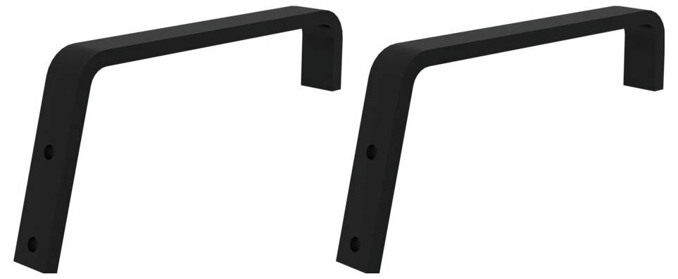 Zwei schwarze Metallwinkel mit jeweils drei Befestigungslöchern an den Enden, wahrscheinlich zur Stabilisierung oder Montage von Objekten.