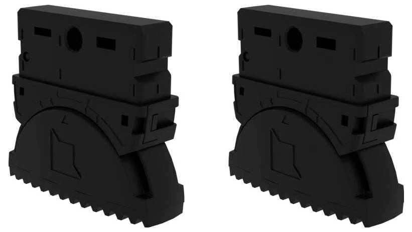 Zwei schwarze, identische, industrielle Klemmen, nebeneinander stehend, zeigen jeweils eine robuste Struktur mit modernen Details.