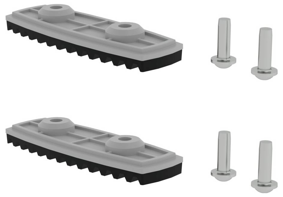 Zwei graue Kunststoffteile mit schwarzer Unterseite, daneben jeweils zwei silberne Schrauben. Die Teile sind für Befestigungszwecke.