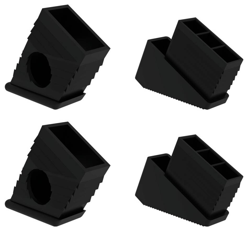 Vier schwarze, trapezförmige Kunststoffteile in unterschiedlichen Winkeln dargestellt.