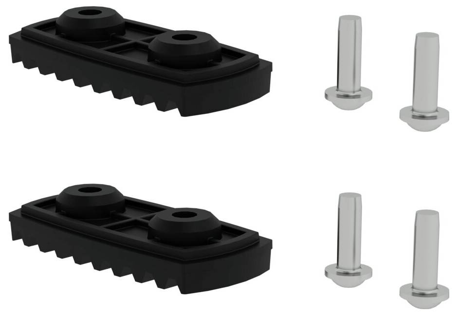 Zwei schwarze Gummiplatten mit geriffelten Kanten und jeweils zwei silbernen Schrauben, vermutlich für die Befestigung auf einer Oberfläche.