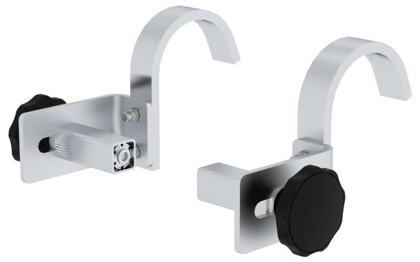 Zwei silberne Haken mit schwarzen Drehknöpfen; Befestigungselemente für Rohre oder ähnliche Strukturen.