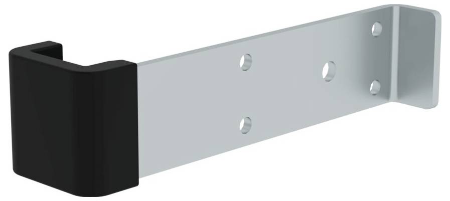 Metallwinkelhalter mit schwarzem Kunststoffende, vier Löcher zur Montage.