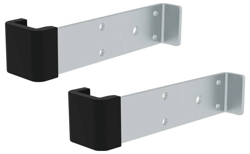 Zwei silberne Metallwinkel mit schwarzen Kunststoffenden und jeweils vier Löchern zur Befestigung.