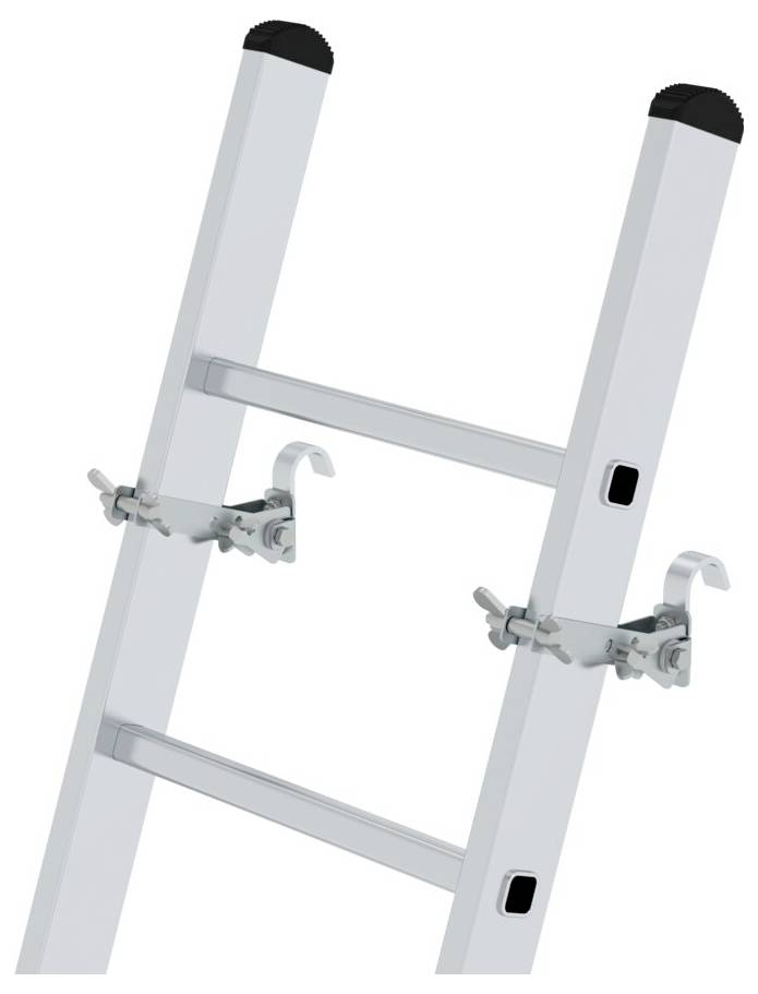 Leiter mit Sicherheitsstangen und schwarzen Endkappen an Oberseite. Geeignet für stabile Position an Dachrinnen.
