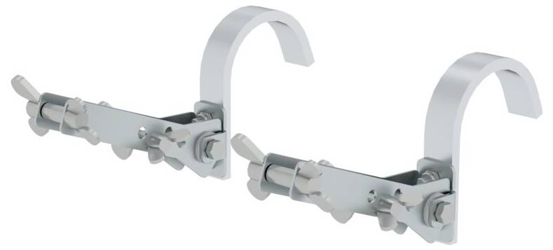 Metallhalterungen mit Haken und Schrauben, wahrscheinlich für die Befestigung von Gegenständen oder Geräten an Rohren oder Stangen.