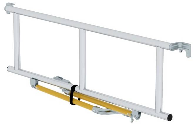 Klappbare, silberfarbene Aluminium-Leiter mit gelber Stange zur Wandbefestigung, geeignet für Dachboden- oder Speichereingang.