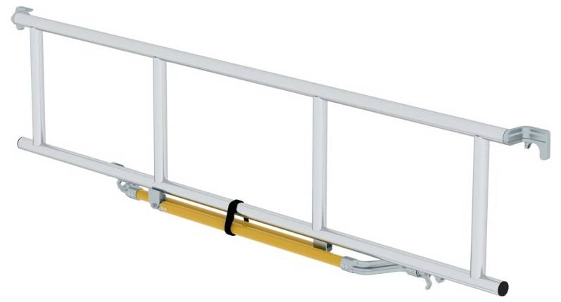 Eine silberne Teleskopleiter in kompakter, zusammengelegter Form. Sie hat einen gelben Sicherheitsbügel in der Mitte.