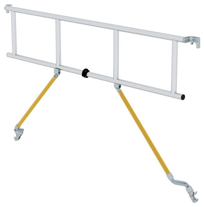 Eine silberne Sicherheitsbrüstung mit drei horizontalen Stangen und zwei gelben, schräg gestellten Stützen zur Montage an einer Fläche.