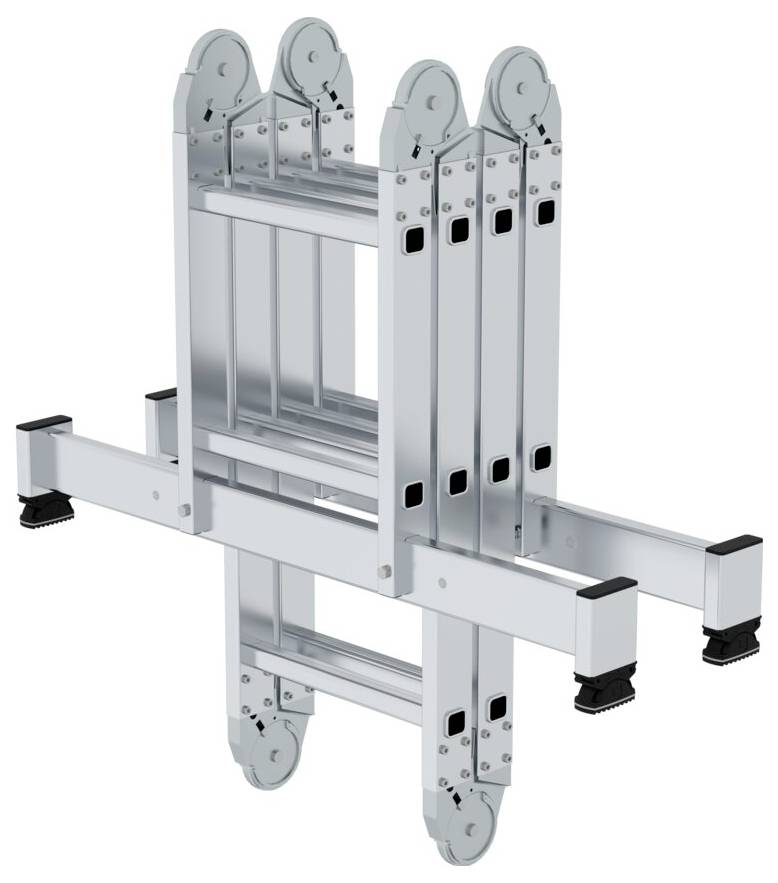 Eine ausziehbare Mehrzweckleiter in vier Sektionen, zusammengeklappt. Geeignet für verschiedene Anwendungen und einfache Lagerung.