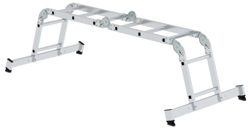 Mehrzweckleiter im vollständig ausgeklappten Zustand mit mehreren Gelenken, breite Stufen und rutschfeste Füße für Stabilität.