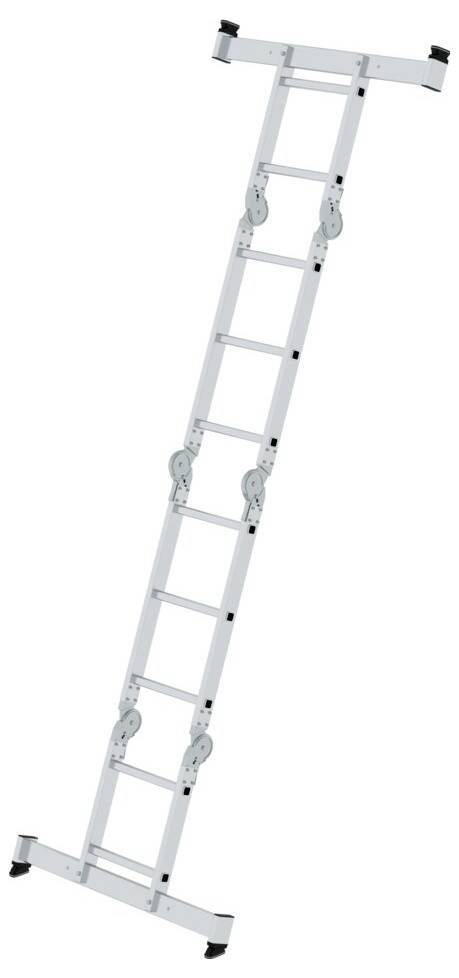 Silberne, ausziehbare Mehrzweckleiter mit mehreren Gelenken, die in verschiedene Positionen eingestellt werden kann. Geeignet für Bauarbeiten.