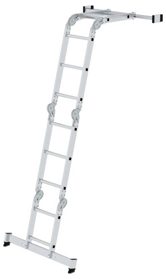 Eine zusammenklappbare Aluminiumleiter in offener Position, geeignet für verschiedene Einsatzmöglichkeiten aufgrund ihrer Flexibilität und Stabilität.
