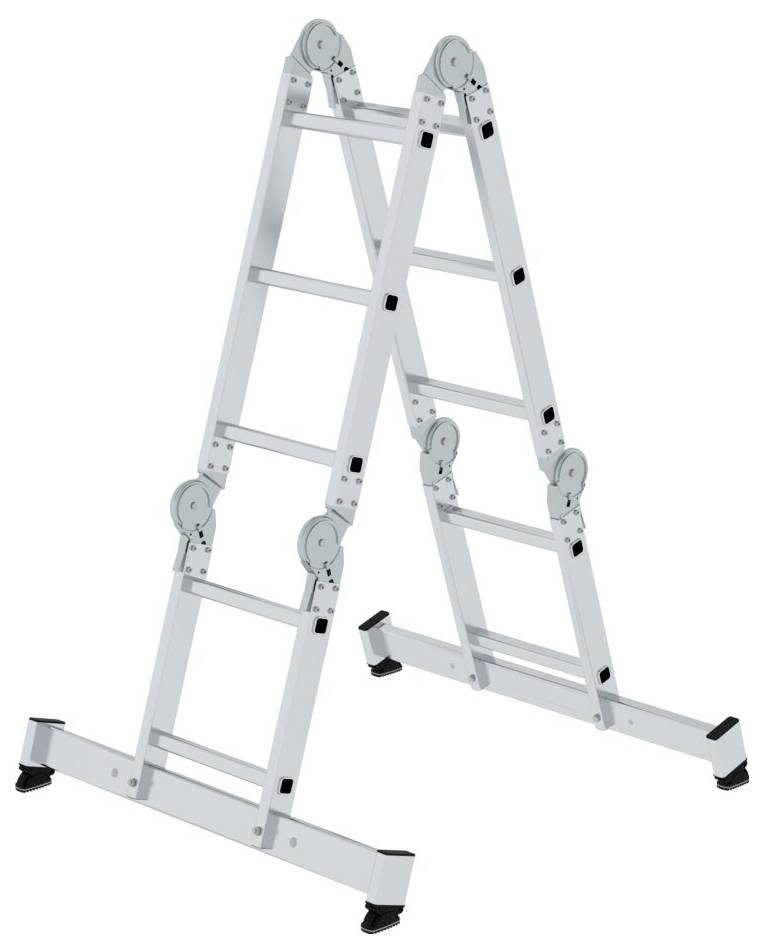 Eine mehrteilige Aluminiumleiter, eingestellt in einer A-Form, geeignet für vielseitige Einsatzmöglichkeiten beim Arbeiten in der Höhe.
