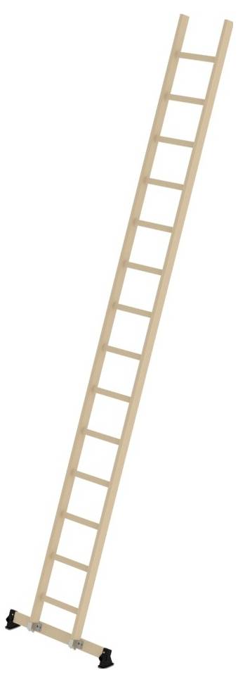 Eine gerade Holzleiter mit Sprossen, die auf einer stabilen Basis steht, bereit zum Gebrauch.