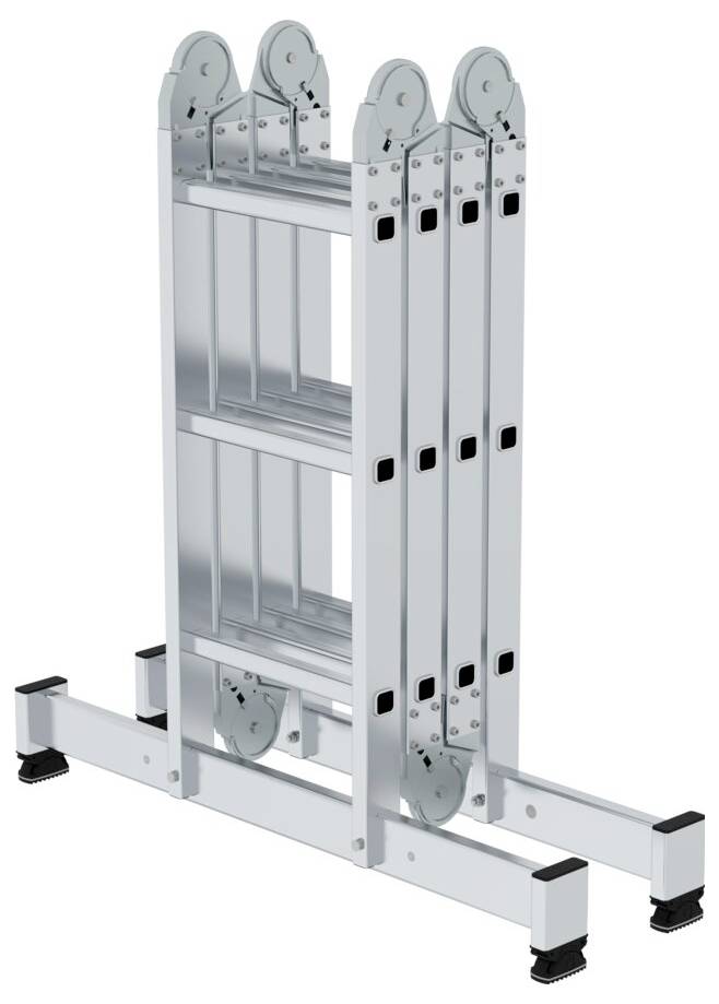 Aluminium-Teleskopleiter mit vier Segmenten, zusammengeklappt, mit schwarzen rutschfesten Füßen, geeignet für vielseitige Arbeiten.