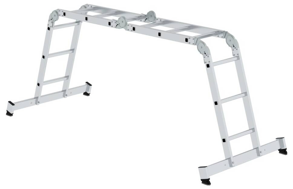 Silberne, klappbare Mehrzweckleiter in A-Form mit mehreren Gelenken, die vielseitige Positionierung ermöglicht.
