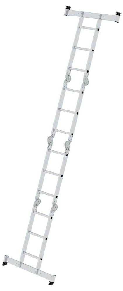 Eine weiße, zusammenlegbare Leiter mit mehreren Gelenken und Stufen, diagonal auf einem weißen Hintergrund positioniert.