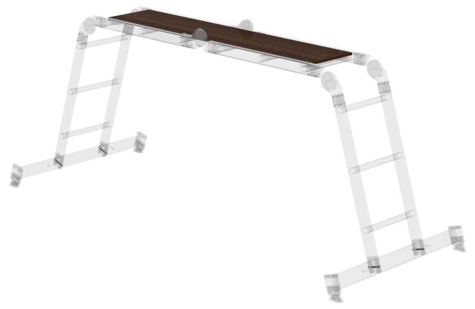 Klapptisch auf einem Metallgestell mit verstellbaren Leiterbeinen, für vielseitige Nutzung in verschiedenen Positionen.