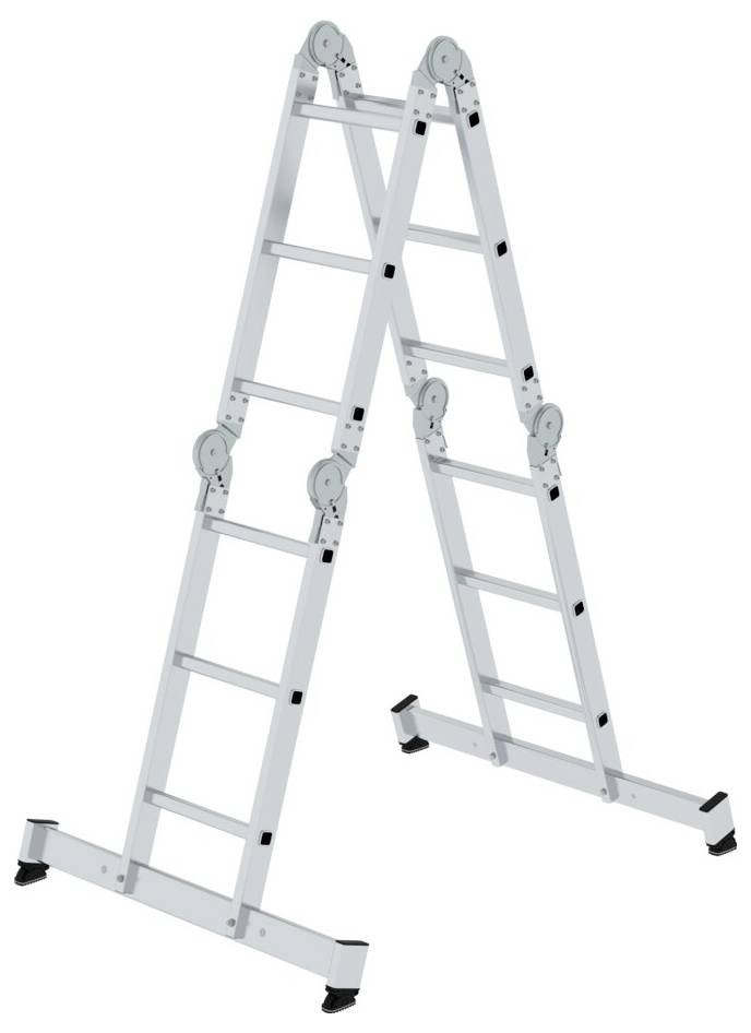 Eine silberne, klappbare Aluminiumleiter mit vier verbundenen Segmenten und schwarzen Füßen. Geeignet für vielseitige Höhenarbeiten.