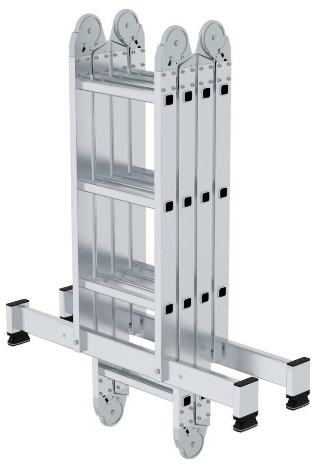 Eine multifunktionale, silberne Aluminiumleiter mit mehreren Gelenken, ermöglicht unterschiedliche Arbeitspositionen. Ideal für vielseitige Nutzung.