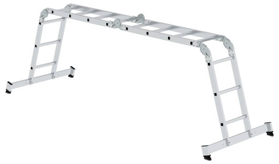Eine silberne Mehrzweckleiter in A-förmiger Position mit breiten Stufen und schwarzen rutschfesten Stützfüßen. Geeignet für vielseitige Arbeiten.
