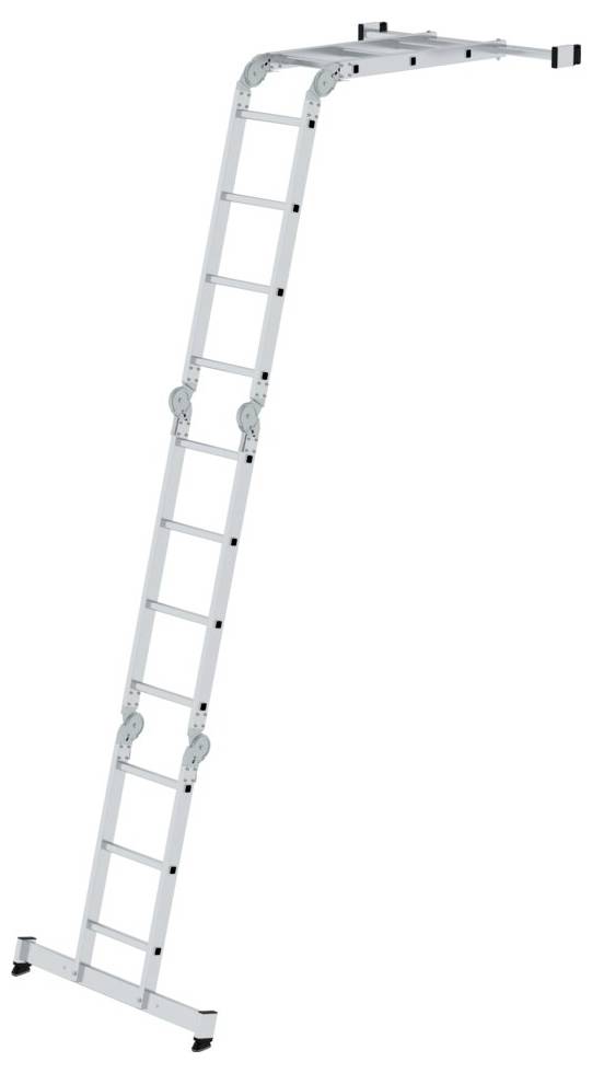 Eine vielseitig einstellbare, klappbare Aluleiter mit mehreren Gelenken, die in eine S-Form gebogen ist. Ideal für unterschiedliche Höhen und Arbeitspositionen.