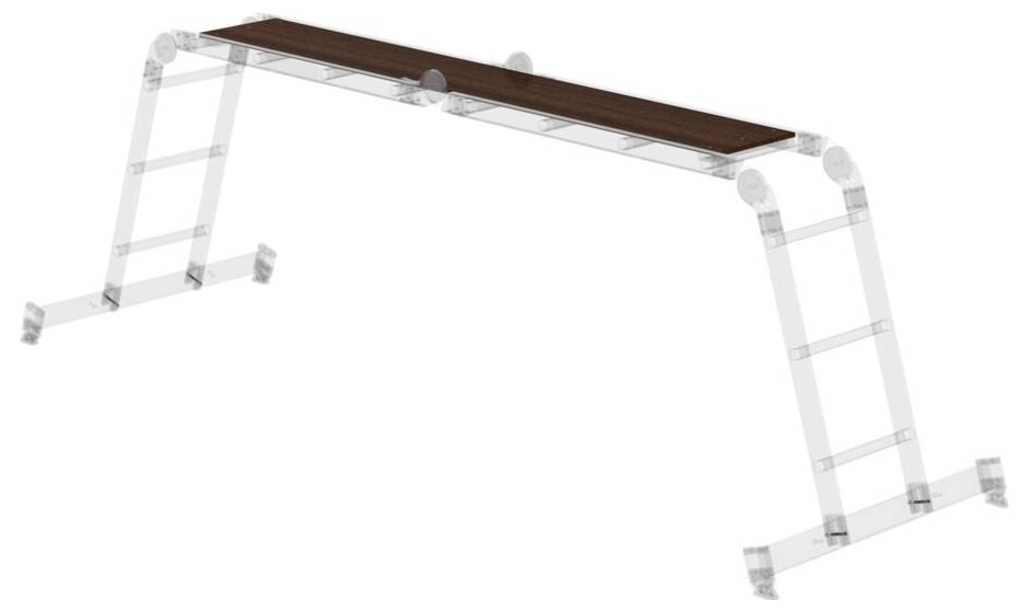 Eine mehrteilige Teleskopleiter, die als Arbeitsplattform konfiguriert ist. Sie hat mehrere Gelenke und eine rutschfeste Oberfläche.