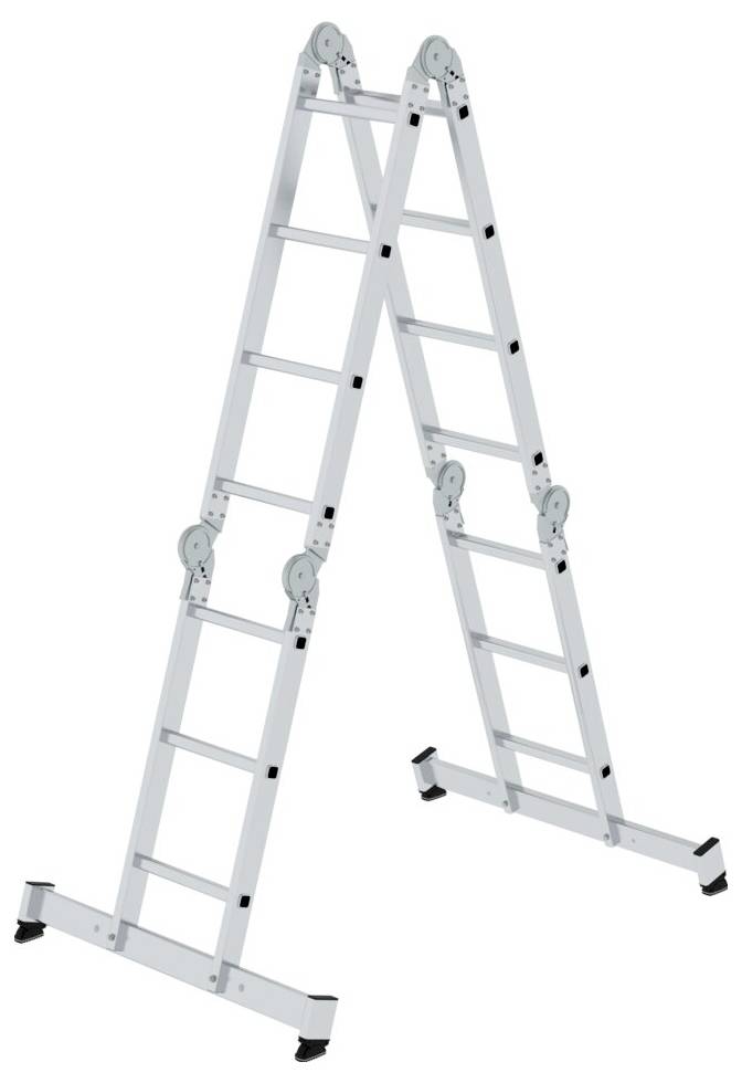 Eine Alu-Klappleiter in A-Form steht aufgeklappt. Sie hat mehrere Gelenke, die eine flexible Nutzung ermöglichen.