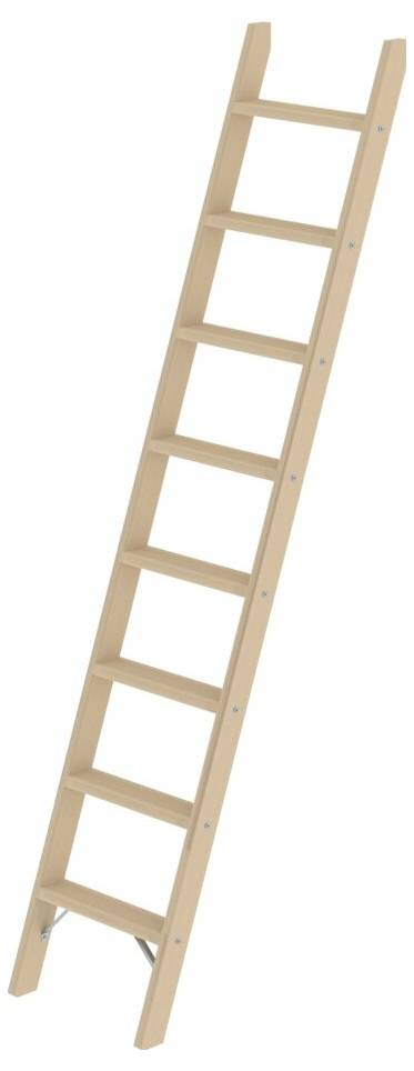 Eine Holzleiter mit sieben Sprossen, schräg nach oben ausgerichtet.