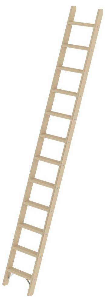 Eine einfache Holzleiter mit neun Sprossen, schräg gegen eine weiße Hintergrundfläche gelehnt.