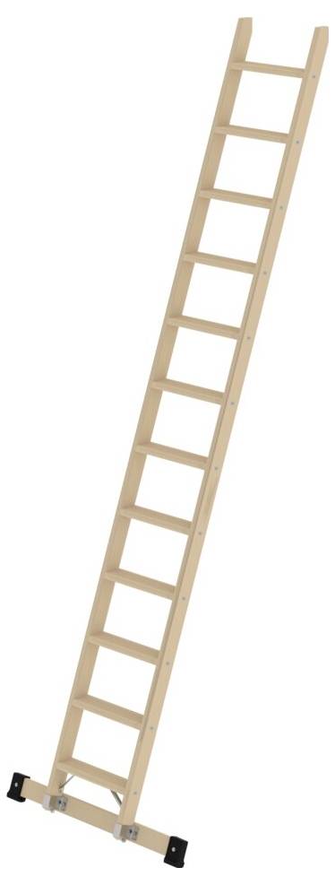 Holzleiter mit 12 Sprossen, neigt nach rechts. Am unteren Ende sind Stabilisatoren befestigt.