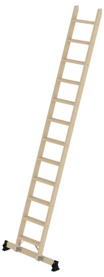 Eine schlichte Holzleiter mit zehn Sprossen, die aufrecht angelehnt ist. Geeignet für das Erreichen höherer Objekte oder Regale.