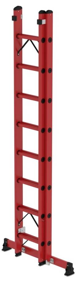 Rote Anlegeleiter aus Metall mit sieben Sprossen, ausgeklappt und bereit zur Nutzung. Geeignet für Bau- oder Heimwerkerarbeiten.
