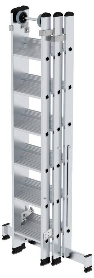 Eine klappbare Aluminiumleiter mit mehreren Stufen, zusammengeklappt und stehend. Ideal für Lagerung und Transport.