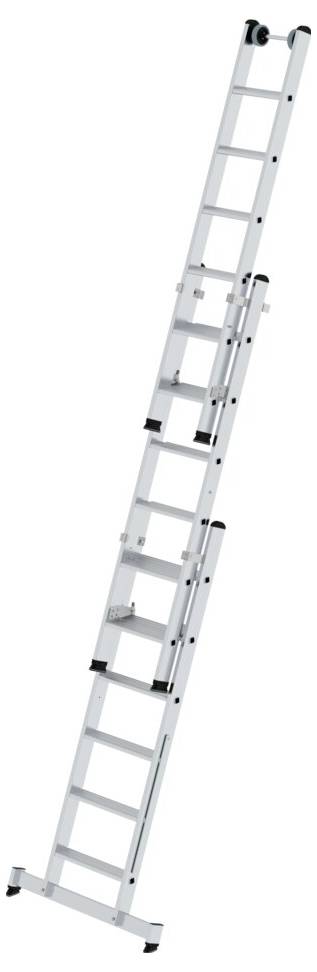 Aluminiumleiter mit dreiteiligem, verstellbarem Aufbau und gummierten Füßen für Stabilität.
