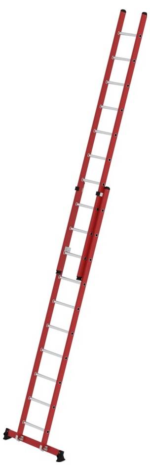 Rote, ausziehbare Leiter mit mehreren Sprossen. Sie steht leicht schräg gegen einen hellen Hintergrund.