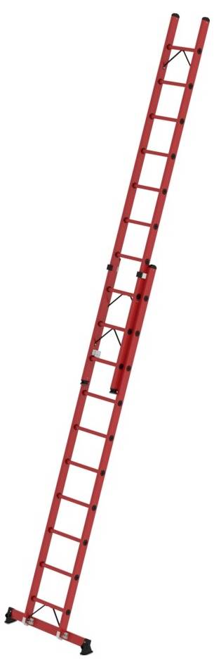 Eine rote, ausziehbare Anlegeleiter, die vollständig ausgefahren ist. Sie hat schwarze Gummienden an den Füßen für Stabilität.